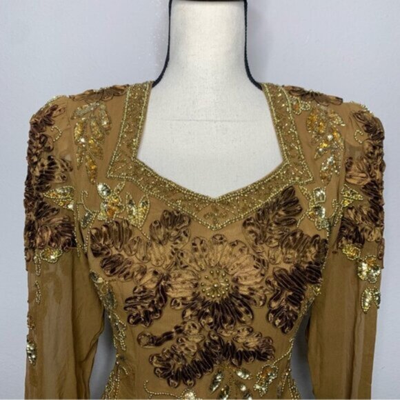 Isabella Vintage Silk Golden Sequin Beaded Embellished Evening Gown - Picture 6 of 16
